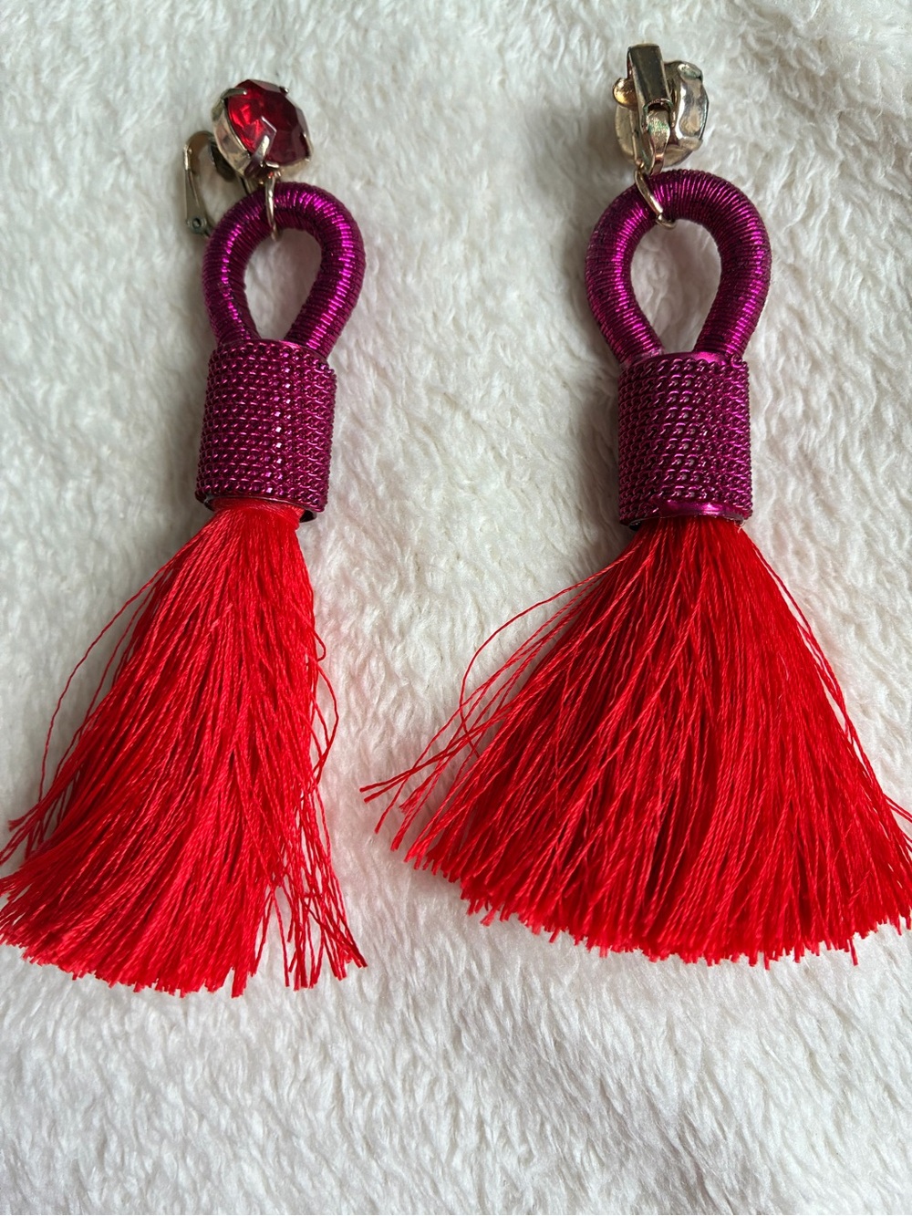 Clip-On Tassel Earrings in Red and Magenta